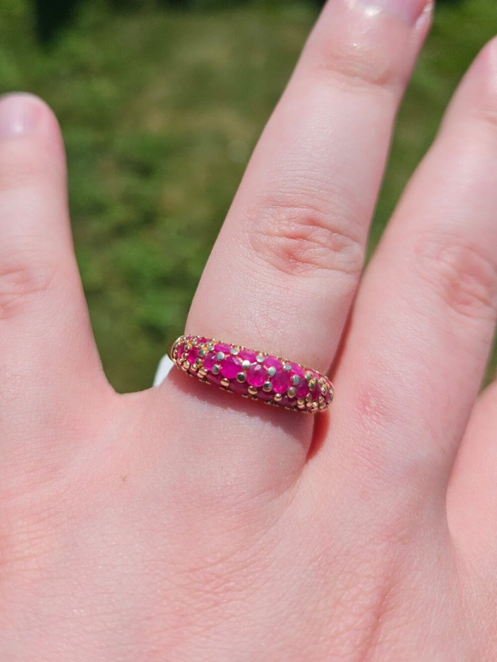 14K Yellow Gold Natural Ruby 3 Row Dome Pave Band Cocktail Ring 5mm Size 8